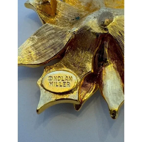 Nolan Miller Poinsettia Christmas Brooch Pin Enamel Rhinestones Fashion Jewelry - Picture 9 of 9